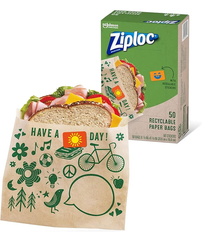 Ziploc Paper Sandwich and Snack Bags, Recyclable & Sealable with Fun Designs, 50 Bags Total