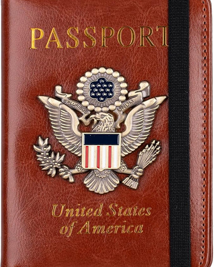 TOURSUIT RFID Blocking Passport Holder for Women Men, Leather Passport Travel Wallet with Metal 3D Metal Badge, Travel Document Holder Cover Accessories (Brown)