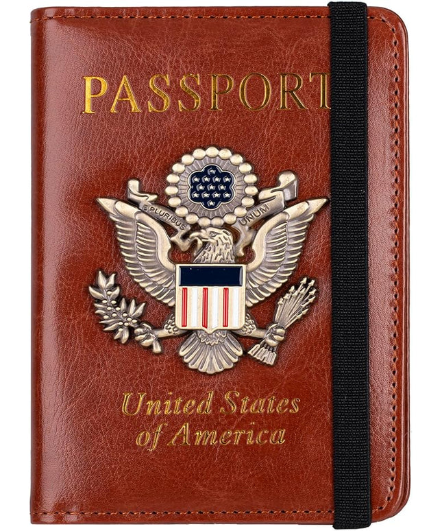 TOURSUIT RFID Blocking Passport Holder for Women Men, Leather Passport Travel Wallet with Metal 3D Metal Badge, Travel Document Holder Cover Accessories (Brown)