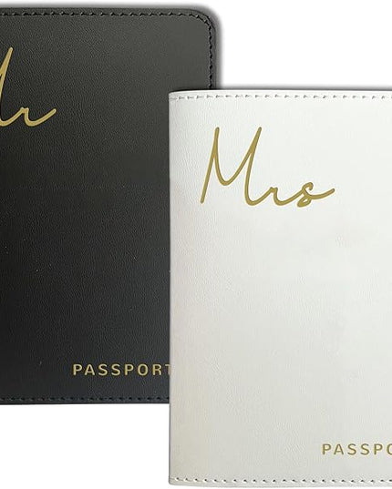 Mr&Mrs Gifts Matching Passport Holders for Mr and Mrs, Gold Foil Logo, Dual PU Leather with Card Pockets, Honeymoon Travel Essentials Gift for Newlyweds(MM Black White)
