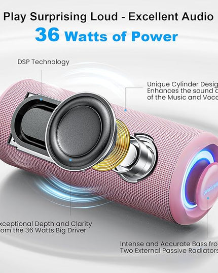 MIATONE Portable Bluetooth Speaker 36W Stereo Sound Bass Boost, 24H Playtime Bluetooth 5.3 TWS Pairing (Pink)