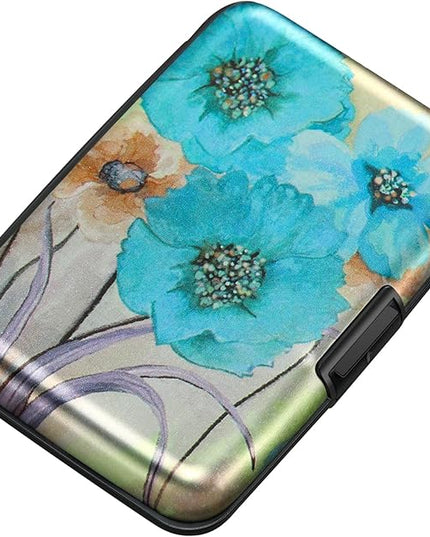 ELFISH Mini RFID Aluminum Wallet Credit Cards Holder Business Card Case Metal ID Case for Men Women(Blue Flower)