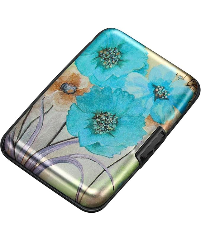 ELFISH Mini RFID Aluminum Wallet Credit Cards Holder Business Card Case Metal ID Case for Men Women(Blue Flower)