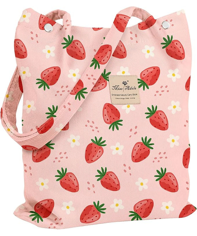 Corduroy Tote Bag for Women - Reusable Totes with Pocket & Buckle Cute Aesthetic Shoulder Bag for Work Travel