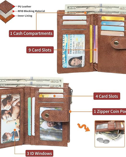 FALAN MULE Small Wallet for Women RIFD Leather Bifold Credit Card Holder with 3 ID Window