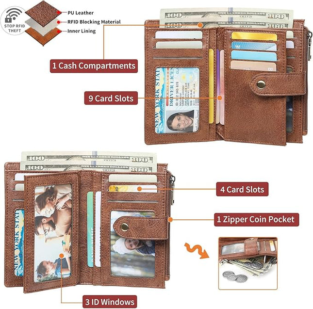 FALAN MULE Small Wallet for Women RIFD Leather Bifold Credit Card Holder with 3 ID Window