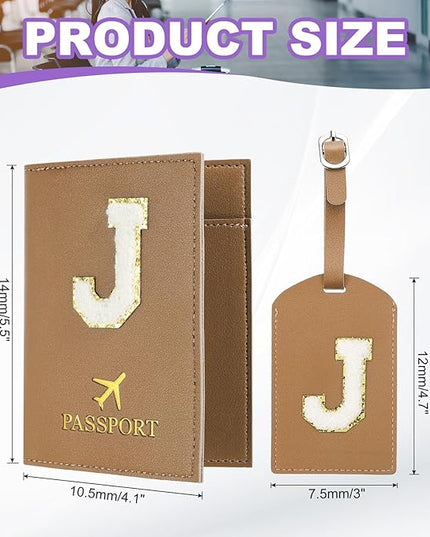PATIKIL Passport Holder for Travel, Initial Passport Cover and Luggage Tag Set with Alphabet Chenille Letter Patch Travel Wallet Bag Suitcase Identifier for Women Family Travel Brown J