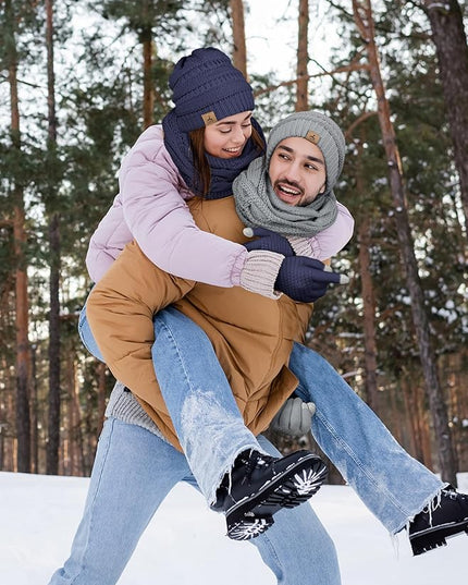 Winter Beanie Hat Scarf Gloves, Warm Fleece Knit Hats Touch Screen Gloves Neck Scarf Set Winter Gifts for Unisex Adult