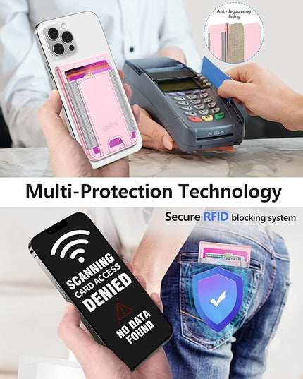 Phone Wallet Stick On, Upgraded Phone Wallet with Adjustable Stand, Open ID Window, 8-Card Holder, Stronger 3M Adhesive Credit Card Holder for Back of Phone Case, iPhone, Samsung and Android, Pink