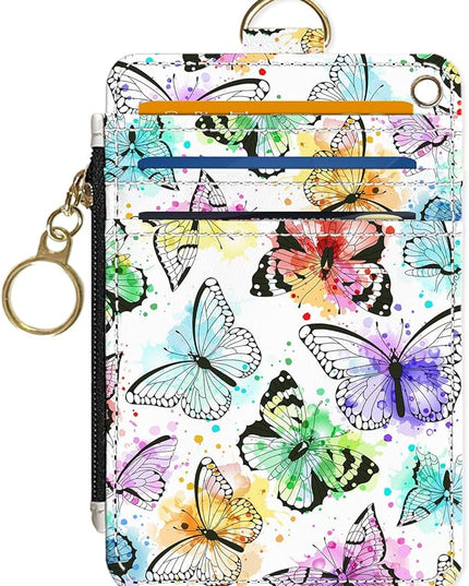 Slim Wallet Credit Card Holder, Watercolor Butterfly, RFID Wallet Women Cute Small Front Pocket Wallet With Zipper, PU Leather Thin travel RFID Blocking Card Case ID Window,Ladies Gifts