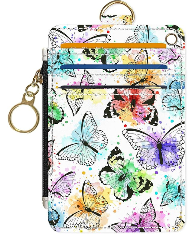 Slim Wallet Credit Card Holder, Watercolor Butterfly, RFID Wallet Women Cute Small Front Pocket Wallet With Zipper, PU Leather Thin travel RFID Blocking Card Case ID Window,Ladies Gifts