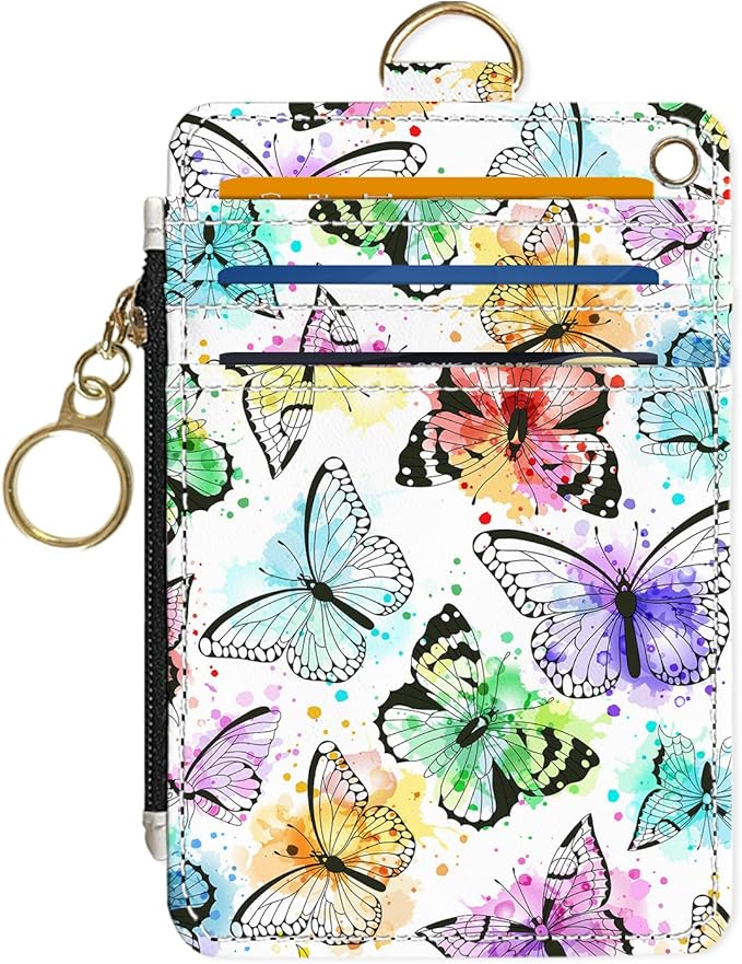 Slim Wallet Credit Card Holder, Watercolor Butterfly, RFID Wallet Women Cute Small Front Pocket Wallet With Zipper, PU Leather Thin travel RFID Blocking Card Case ID Window,Ladies Gifts