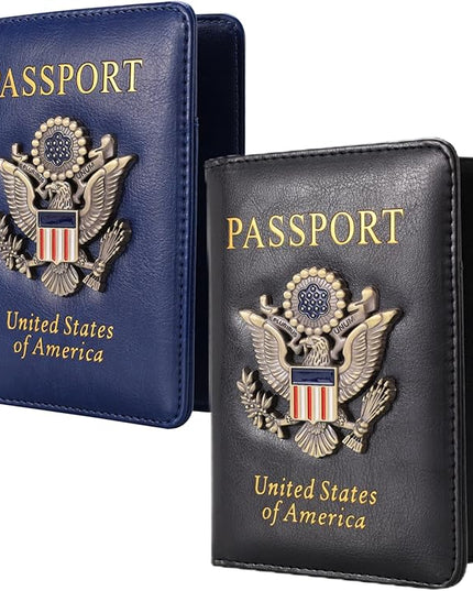 2 Pcs Passport Holder for Travel Card Slot Combo RFID Blocking Leather Family Passport Wallet Travel Accessories for Men Women (Blue and black)