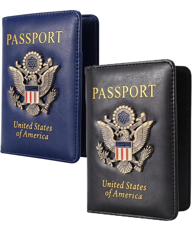 2 Pcs Passport Holder for Travel Card Slot Combo RFID Blocking Leather Family Passport Wallet Travel Accessories for Men Women (Blue and black)