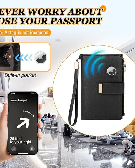 HUANLANG Passport Holder with Airtag for Women/Men, Airtag Passport Wallet for Travel Leather Passport Holder RFID Blocking,Travel Passport Walelt with Credit Card Holder