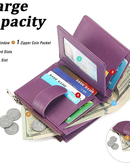 GAEKEAO Small Wallet for Women, Bifold Leather RFID Blocking Ladies Compact Card Holder with Zipper Pocket & ID Window