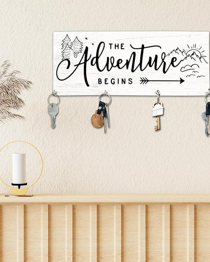 Yhtmbf The Adventure Begins Wooden Key Holder for Wall - 5"x10" Key Organizer Hanger with 4 Hooks for Home Front Door Hallway Entryway Kitchen - Home Office Decor & Housewarming Gifts Supplies - A02