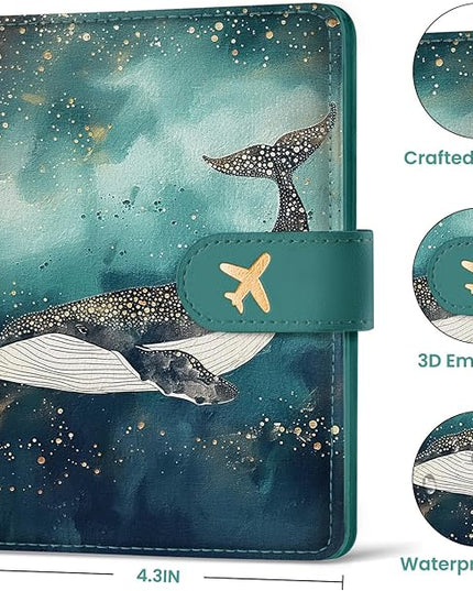 Passport Holder for Travel Essentials, RFID Blocking Leather Cover Wallet with Magnetic Closure, Aesthetic & Cute Passport Book Case for Women and Men - Whale, Upgraded with Money Pocket
