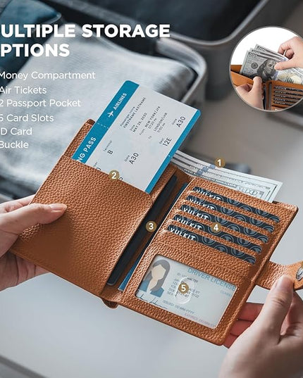VULKIT Leather Passport Travel Wallet for 2 Passports Pocket Slim Double Passport Holder RFID Blocking with ID Window for Women or Men