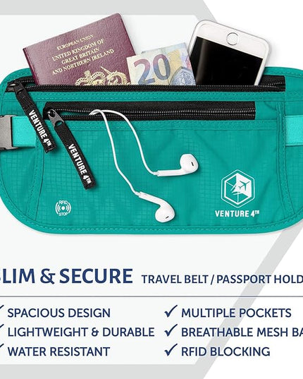 VENTURE 4TH Money Belt for Travel – Hidden Under-Clothes RFID Blocking Passport Holder & Slim Travel Wallet Pouch for Men & Women to Protect Cash, Cards & Documents (Turquoise)