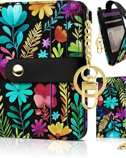 Sodsay Small Slim Wallet Women RFID Blocking, PU Leather Bifold Ladies Wallet with Zipper Coin Pocket, Thin Cute Travel Card Wallets for Girls, Black Garden