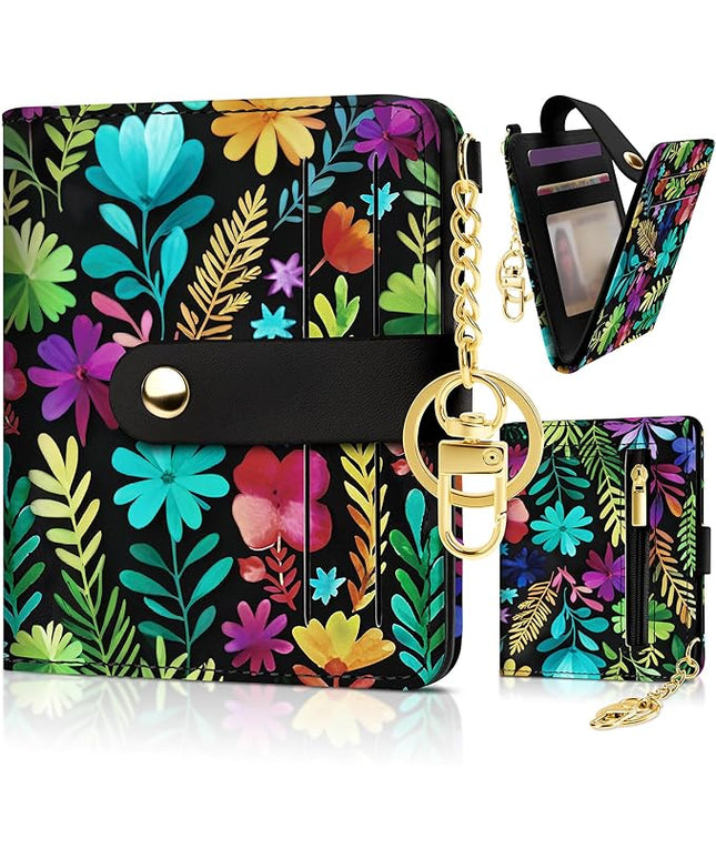 Sodsay Small Slim Wallet Women RFID Blocking, PU Leather Bifold Ladies Wallet with Zipper Coin Pocket, Thin Cute Travel Card Wallets for Girls, Black Garden