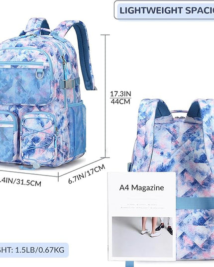 Lohol Multi-Pocket Backpack for Travel College, Heavy Duty Big Bookbag with 15.6 inch Laptop Compartment (Blue Pink Tie-Dye
