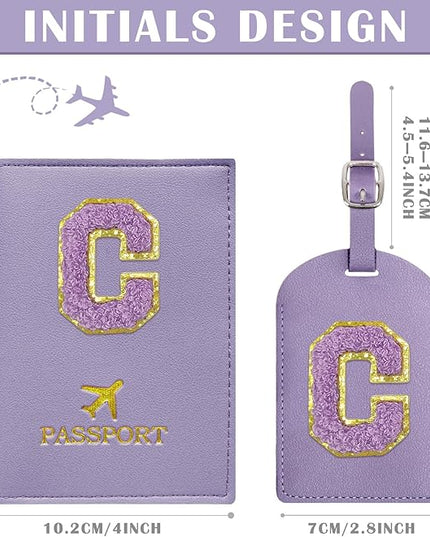 COSHAYSOO Initial Passport Cover Luggage Tag Set Letter Passport Holder Airplane Cruise Travel Essentials Vacation Traveling Accessories Personalized Gifts for Women Teen College Girls Purple C