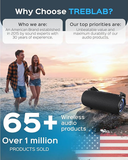 TREBLAB HD-Max Portable Bluetooth Speaker, 60W Loud Stereo Sound with Deep Bass, IPX7 Waterproof Outdoor Speaker, 20H Playtime, Powerbank, RGB Party Lights