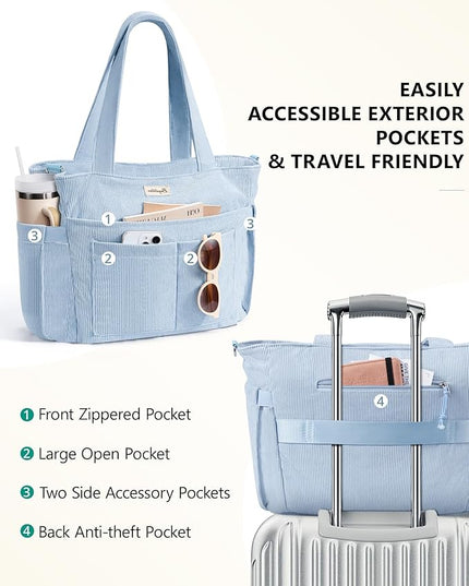 Corduroy Tote Bag for Women, 17 Pockets Laptop Work Tote Bag Lightweight Teacher Nurse Bible Bag for School Travel | with 40oz Cup Holder, Multi Compartment, Zipper Crossbody Bag, College Shoulder Bag, Daily Purse w/ Strap, Ideal Gift for Women