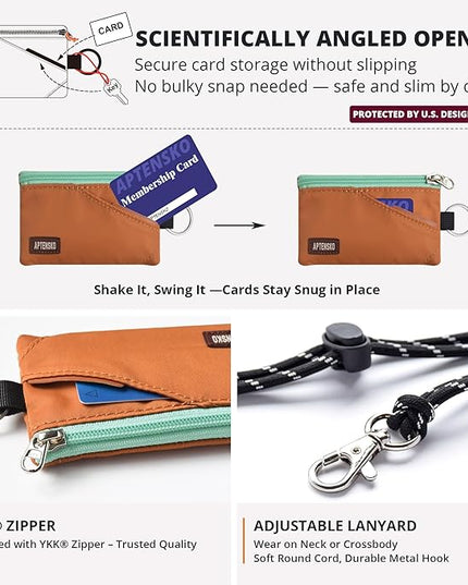 RFID Travel Wallet with Adjustable Lanyard-Zipper Small Wallet with ID Card Holder, Keychain for women&men-Minimalist Slim Waterproof Nylon case for ID, Cash, Key (Rust)
