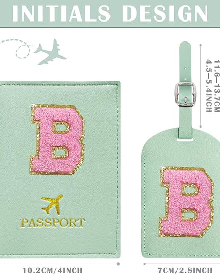 COSHAYSOO Initial Passport Cover Luggage Tag Set Letter Passport Holder Airplane Cruise Travel Essentials Vacation Traveling Accessories Personalized Gifts for Women Teen College Girls Teal B