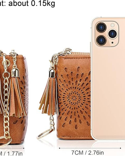 APHISON RFID Credit Card Holder Zipper Card Case Keychain Small Wallet for Women 1942-2 BROWN