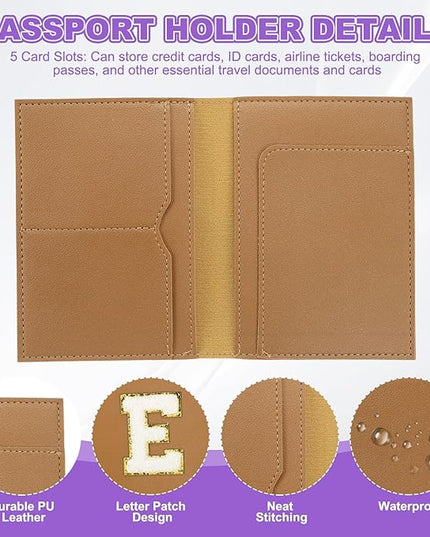 PATIKIL Passport Holder for Travel, Initial Passport Cover and Luggage Tag Set with Alphabet Chenille Letter Patch Travel Wallet Bag Suitcase Identifier for Women Family Travel Brown E