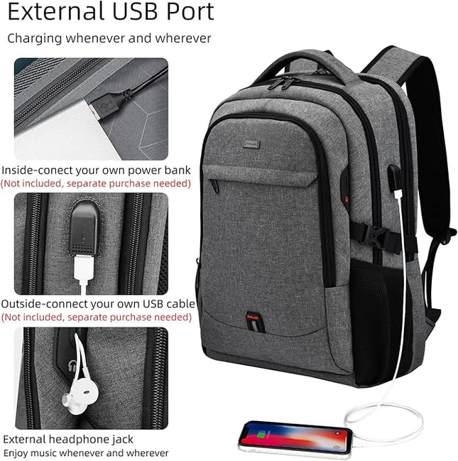 DUSLANG 17 Inch Laptop Backpack for Travel Water Resistant College Backpack for Men/Women Laptop Bag with USB Charging Port and Rain Cover,light grey