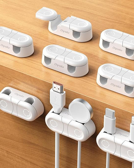 Magnetic Cable Clips - Chfeila 8Pack [Dual Slot] [360°Rotating & Twist-Lock] Cord Management, Adhesive Phone Charging Keeper, Wire Organizer Holder for Nightstand, Home Office Desk Accessories Decor