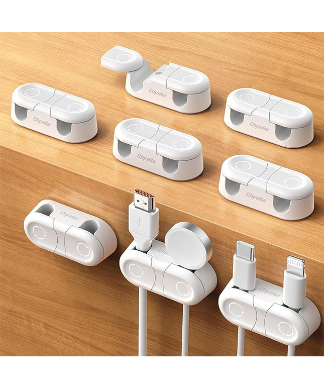 Magnetic Cable Clips - Chfeila 8Pack [Dual Slot] [360°Rotating & Twist-Lock] Cord Management, Adhesive Phone Charging Keeper, Wire Organizer Holder for Nightstand, Home Office Desk Accessories Decor