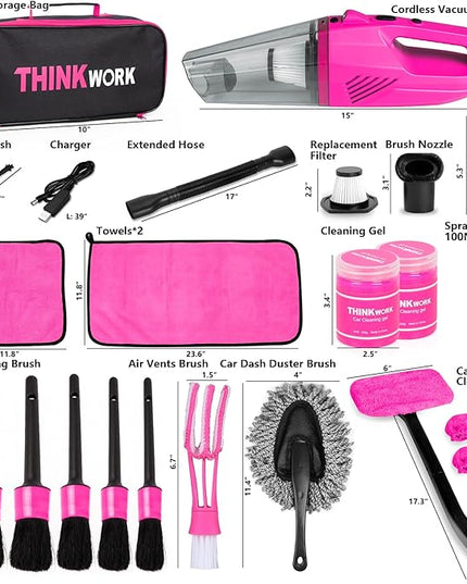 THINKWORK Car Detailing Kit Interior Cleaner, Car Cleaning Kit with 8000PA Cordless Pink Handheld Vacuum Cleaner, Car Interior Detailing Brush Set, Pink Car Accessories, Gift for Women