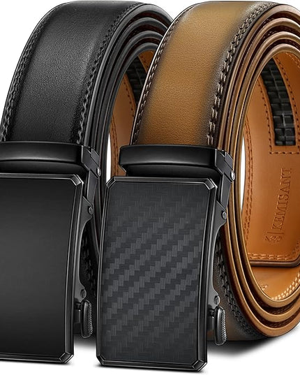 KEMISANT Men Belt 2 Pack, Leather Ratchet Belt Easy Click Slide For Men 1 3/8",Cut for Fit