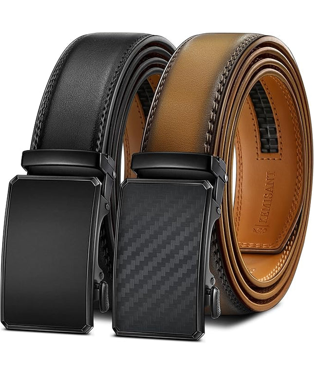 KEMISANT Men Belt 2 Pack, Leather Ratchet Belt Easy Click Slide For Men 1 3/8",Cut for Fit