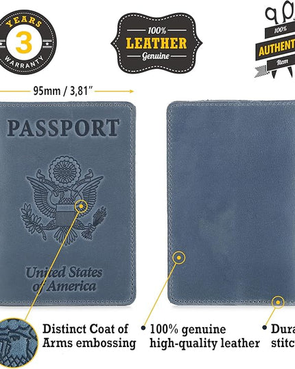 Shvigel US Leather Passport Book Cover - Thin American Travel Passport Holder - Premium International USA Passport Protector Case for Women Men (Light Blue Vintage)