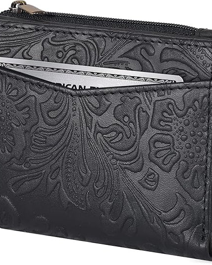 Oak Leathers Leather Wallet For Women - Small RFID Coin Purse Credit Card & ID Holder for Ladies, Gift for Women's, Bifold Wallets (Crazy Horse Black Flower)