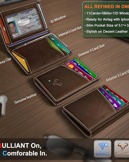 BULLIANT Men Wallet,Top Grain Leather Slim Wallet Magnetic Closure Simplifed Bill Folder RFID Blocking 11Cards