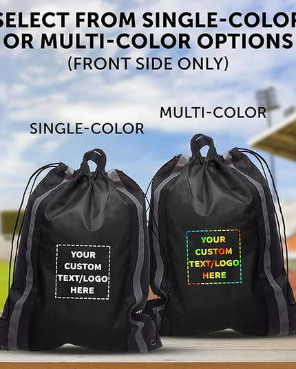 DISCOUNT PROMOS Custom Classic Polyester Drawstring Backpack Set of 10/50/100, Personalized Bulk Pack - Great for Travelling, Gym and for Everyday Use - Black
