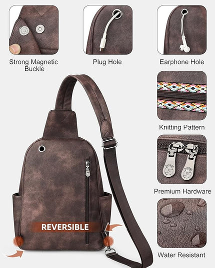 FADEON Large Sling Bag for Women, Leather Crossbody Purse Designer Anti Theft Sling Backpack, RFID Fanny Packs for Travel
