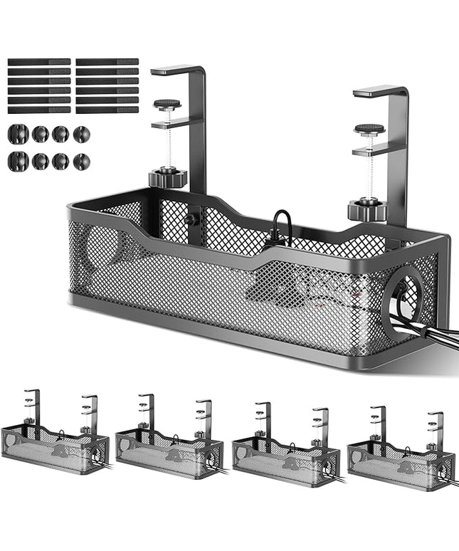 4 Pack Under Desk Cable Management Box Black, Cinati 53.6" Wire Organizers No Drill, Cord Organization Tray with Clamp for Office, Home - No Damage to Desk