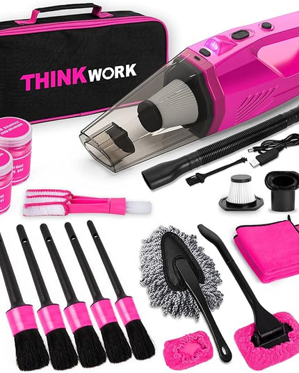 THINKWORK Car Detailing Kit Interior Cleaner, Car Cleaning Kit with 8000PA Cordless Pink Handheld Vacuum Cleaner, Car Interior Detailing Brush Set, Pink Car Accessories, Gift for Women
