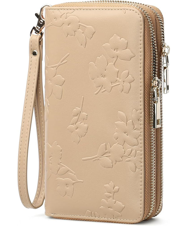 yiijay Womens Wallet RFID Blocking Large Capacity Leather Double Zip Wristlet Wallet Credit Card Phone Holder Ladies Clutch Purse Flora