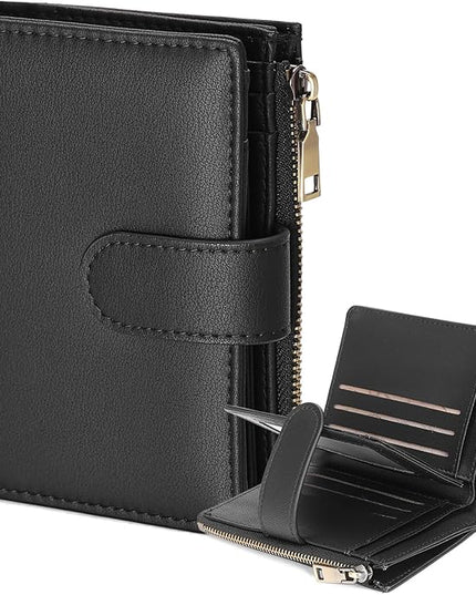 GAEKEAO Small Wallet for Women, Bifold Leather RFID Blocking Ladies Compact Card Holder with Zipper Pocket & ID Window