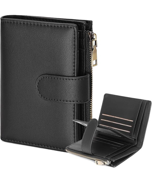 GAEKEAO Small Wallet for Women, Bifold Leather RFID Blocking Ladies Compact Card Holder with Zipper Pocket & ID Window